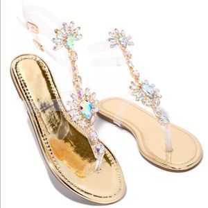 Gold rhinestone strap sandals